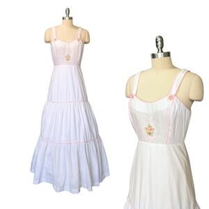 Vintage 70s Young Edwardian White Maxi Dress Size 11 M Prairie Floral Wedding
